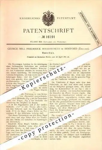 Original Patent - George M.F. Molesworth in Bideford / Devon , 1881 , carriage , omnibus , wagon , Kutsche !!!