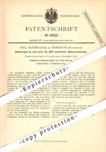 Original Patent - Paul Olivier-Lecq à Templeuve , 1881 , Charrue de récolte des betteraves !!!