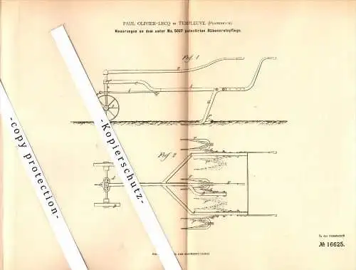 Original Patent - Paul Olivier-Lecq à Templeuve , 1881 , Charrue de récolte des betteraves !!!