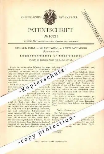 Original Patent - Richard Emde in Garschagen b. Lüttringhausen / Remscheid , 1881 , Bohrapparat , Tischlerei , Holz !!!