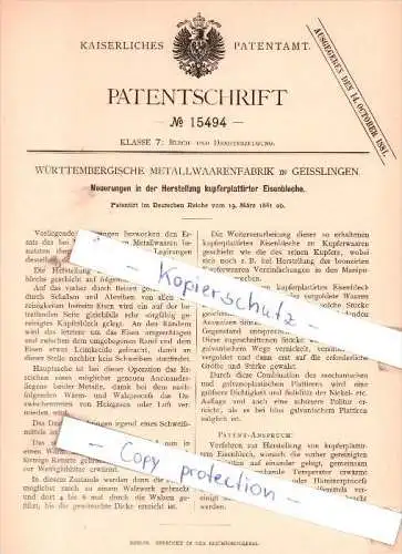 Original Patent -  Württembergische Metallwaarenfabrik in Geisslingen , 1881 , Blecherzeugung !!!