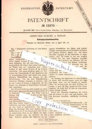 Original Patent - Gebrüder Gürgel in Berlin , 1881 , Gehrungsschneidemaschine !!!