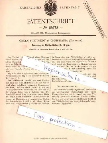 Original Patent - J. Fildtoedt in Christania , Norwegen , 1881 ,  Pfeifenstöcke für Orgeln !!!