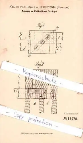 Original Patent - J. Fildtoedt in Christania , Norwegen , 1881 ,  Pfeifenstöcke für Orgeln !!!