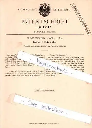 Original Patent - M. Neuerburg in Köln a. Rh. , 1880 , Neuerung an Becherwerken !!!