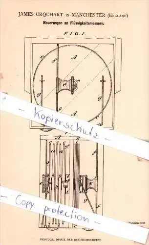 Original Patent - J. Urquhart in Manchester , England , 1880 , Neuerungen an Flüssigkeitsmessern !!!