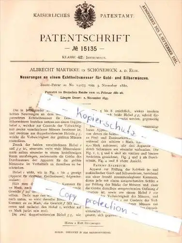 Original Patent - A. Martikke in Schönebeck a. d. Elbe , 1881 , Echtheitsmesser für Gold- und Silbermünzen !!!