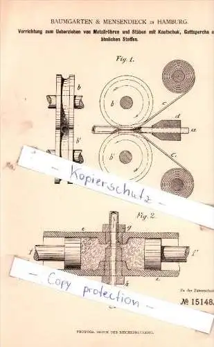 Original Patent - Baumgarten & Mensendieck in Hamburg , 1880 ,  Überziehen von Metallröhren !!!