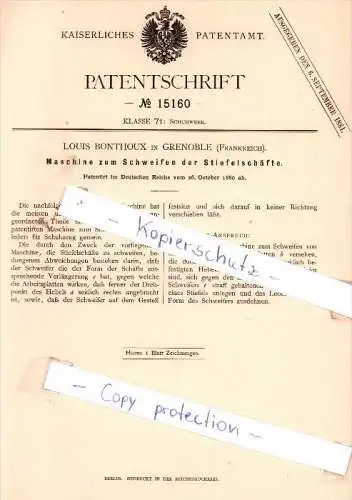 Original Patent - Louis Bonthoux in Grenoble , Frankreich , 1880 , Schweißen der Stiefelschäfte !!!