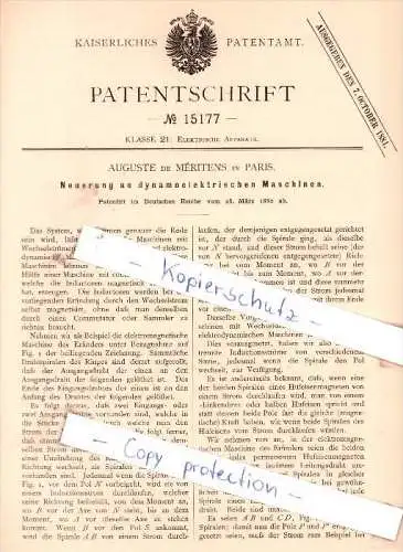 Original Patent - Auguste de Meritens in Paris , 1880 ,  Neuerung an dynamoelektrischen Maschinen !!!