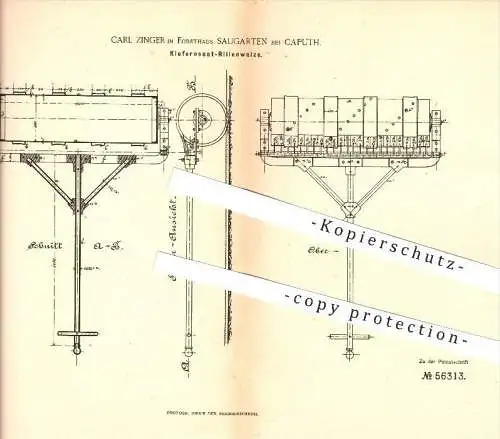 original Patent - Carl Zwinger in Forsthaus Saugarten bei Caputh , 1890 , Kiefernsaat - Rillenwalze , Saat , Walze !!!