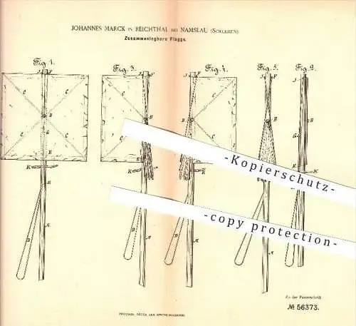 original Patent - Johannes Marck in Reichenthal bei Namslau , Schlesien , 1890, Zusammenlegbare Flagge , Namyslów !!