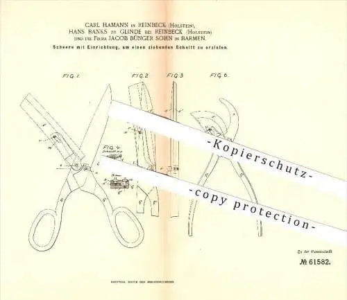 original Patent - Carl Hamann , Hans Banks zu Glinde , Reinbek , Jacob Bünger Sohn in Barmen , 1891 , Schere , Werkzeug