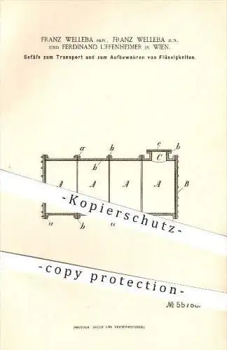 original Patent - Franz Welleba Sen. , Franz Welleba Jun. , F. Uffenheimer in Wien , 1890 , Gefäß für Flüssigkeiten !!!