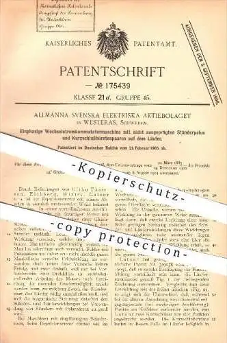 original Patent - Allmänna Svenska Elektriska Aktiebolaget in Westeras , Schweden , 1905 , Wechselstrom , Motor , Strom