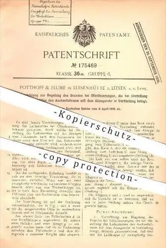 original Patent - Potthoff & Flume in Luisenhütte b. Lünen a. d. Lippe , 1905 , Brand bei Ofenfeuerung , Ofen , Heizung