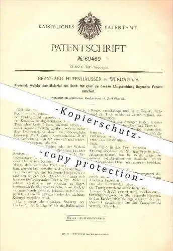 original Patent - Bernhard Hufenhäusser in Werdau i. S. , 1892 , Krempel , Spinnen , Spinnerei !!!