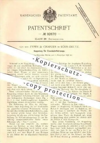 original Patent - van der Zypen & Charlier in Köln-Deutz , 1896 , Kupplung für Eisenbahnen , Eisenbahn , Lokomotive !!