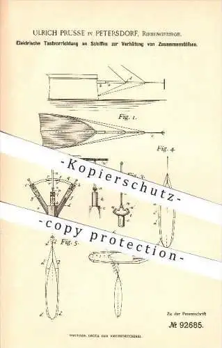 original Patent - Ulrich Prusse in Petersdorf , Riesengebirge , 1896 , Tastvorrichtung an Schiffen , Schiff , Schiffbau