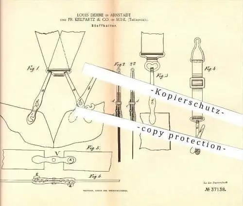 original Patent - Louis Demme in Arnstadt und Fr. Keilpartz & Co. in Suhl , 1886 , Stoffhalter ,Hosenträger , Bekleidung