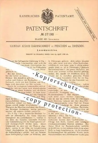 original Patent - Gustav Julius Därrschmidt in Pieschen bei Dresden , 1886 , Lesemaschine , Lesen , Buchstaben , Schule