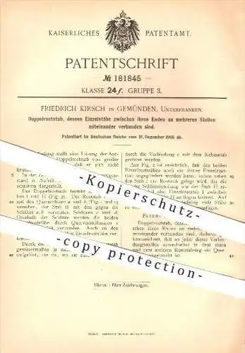 original Patent - Friedrich Kirsch in Gemünden , Unterfranken , 1905 , Doppelroststab aus Einzelstäben , Metall !!!