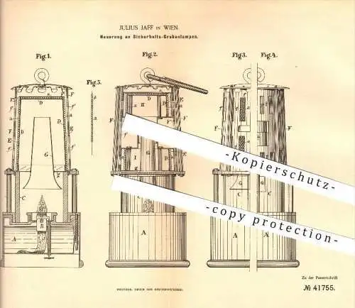 original Patent - Julius Jaff in Wien , 1887 , Sicherheits-Grubenlampen , Lampen , Beleuchtung , Licht !!!