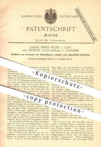 original Patent - Raoul P. Pictet in Genf & Georges L. Brélaz in Lausanne , 1887 , Schwefelsäure-Lösung im Holzzellstoff