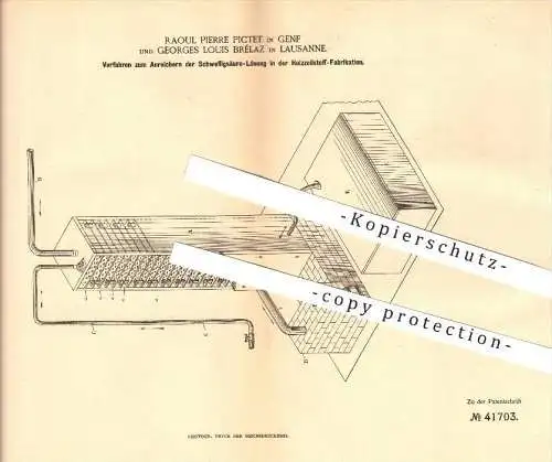 original Patent - Raoul P. Pictet in Genf & Georges L. Brélaz in Lausanne , 1887 , Schwefelsäure-Lösung im Holzzellstoff