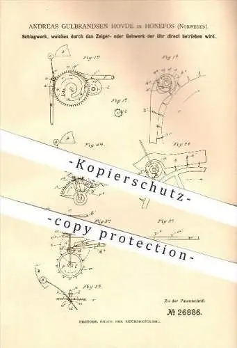 original Patent - Andreas Gulbrandsen Hovde in Hönefos , Norwegen , 1883 , Schlagwerk , Uhr , Uhrwerk , Uhrmacher !!!