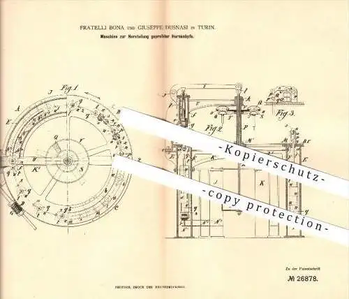 original Patent - Fratelli Bona und Guiseppe Dusnasi in Turin , Herstellung von Hornknöpfen , Knöpfe , Knopf , Horn !!!