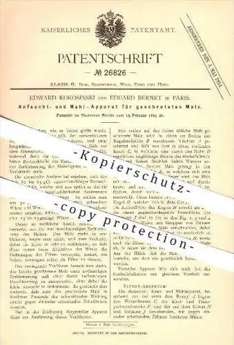 original Patent - Edward Kokosinski & Eduard Bernet in Paris , 1883 , Anfeucht- und Mahlapparat , Malz , Bier , Brauerei