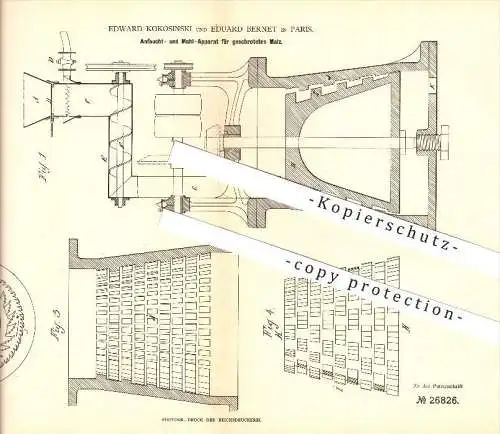 original Patent - Edward Kokosinski & Eduard Bernet in Paris , 1883 , Anfeucht- und Mahlapparat , Malz , Bier , Brauerei