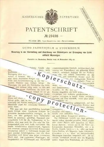 original Patent - Otto Fahnehjelm in Stockholm , 1883 , Glühkörpern zur Erzeugung von Licht , Licht , Gas , Beleuchtung