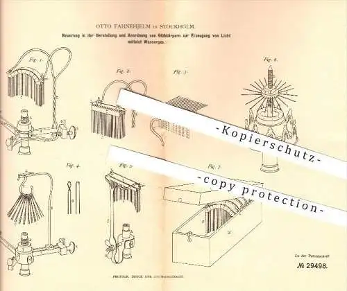 original Patent - Otto Fahnehjelm in Stockholm , 1883 , Glühkörpern zur Erzeugung von Licht , Licht , Gas , Beleuchtung