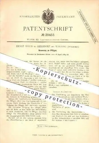 original Patent - Ernst Haym in Gersdorf bei Waldau , Schlesien , 1884 , Pflug , Pflügen , Landwirtschaft , Ackerbau !!!