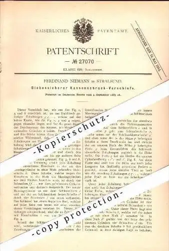 Original Patent - Ferdinand Niemann in Stralsund i. Mecklenburg , 1883 , diebstahlsicherer Kassenschrank , Tresor , Safe