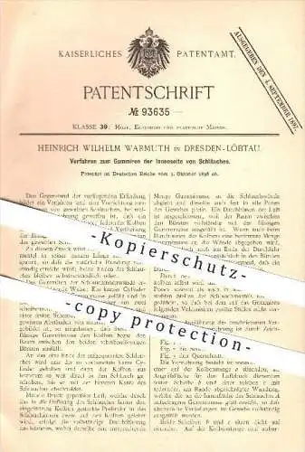 original Patent - Heinrich Wilhelm Warmuth in Dresden-Löbtau , 1896 , Gummieren der Schläuchen !!!