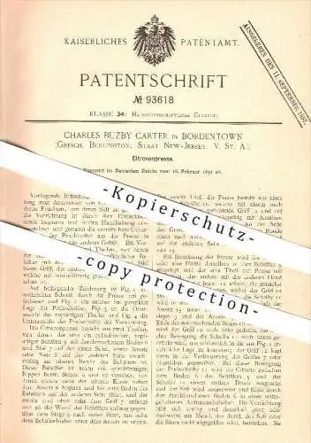 original Patent - Charles Buzby Carter in Bordentown , Burlington , Staat New-Jersey , 1897 , Zitronenpresse , Haushalt