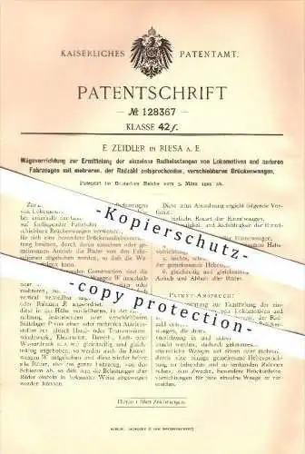 original Patent - E. Zeidler in Riesa a. E. , 1901 , Radbelastungen von Lokomotiven u. anderen Fahrzeugen , Eisenbahn !!