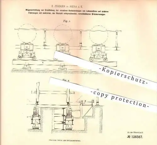 original Patent - E. Zeidler in Riesa a. E. , 1901 , Radbelastungen von Lokomotiven u. anderen Fahrzeugen , Eisenbahn !!