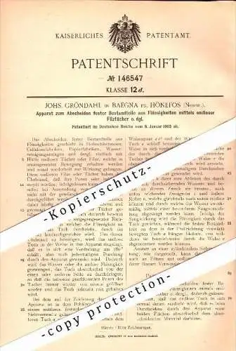 Original Patent - J. Gröhndal in Baegna b. Hönefoss , Norway , 1903 , Apparat für Papierfabrik , Hønefoss !!!