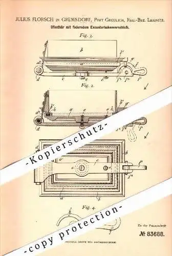 Original Patent - Julius Florsch in Gremsdorf / Gromadka ,1894, Ofentür , Liegnitz / Legnica , Post Greulich , Schlesien