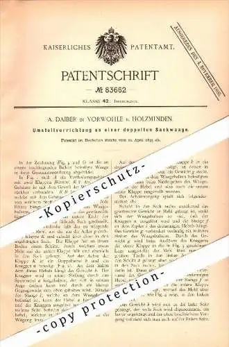 Original Patent - A. Daiber in Vorwohle b. Holzminden , 1895 , Umstellapparat für Sackwaage , Lenne !!!