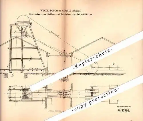 Original Patent - Wenzel Poech in Karbitz / Chabarovice , 1886 , Einrichtung für Schachttüren , Bergbau , Schacht !!!