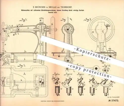 original Patent - E. Brüncker in Sieglar bei Troisdorf , 1885 , Nähmaschine , Nähen , Schneider , Handarbeit !!!