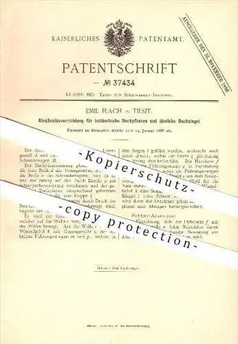 original Patent - Emil Flach in Tilsit / Sowetsk , 1886 , Abschneiden von Dachpfannen und Dachziegeln , Dachdecker !!!