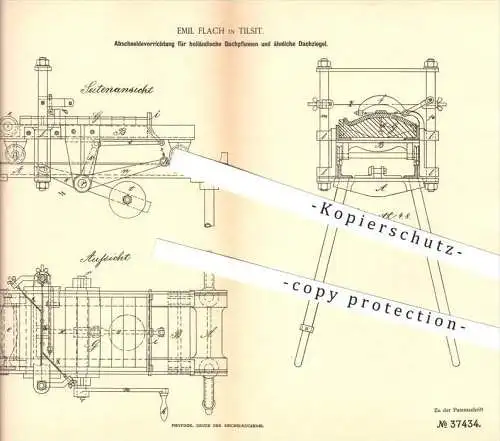 original Patent - Emil Flach in Tilsit / Sowetsk , 1886 , Abschneiden von Dachpfannen und Dachziegeln , Dachdecker !!!