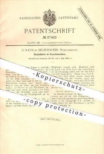 original Patent - G. Rath in Siegelhausen b. Marburg a. Neckar , 1886, Staubableiter an Dreschmaschinen , Landwirtschaft