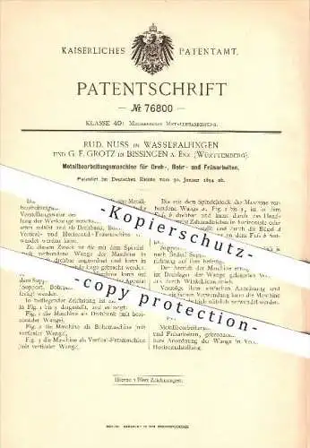 original Patent - Rud. Nuss in Wasseralfingen & G. F. Grotz in Bissingen a. Enz , 1894 , Dreh- , Bohr- und Fräsarbeiten